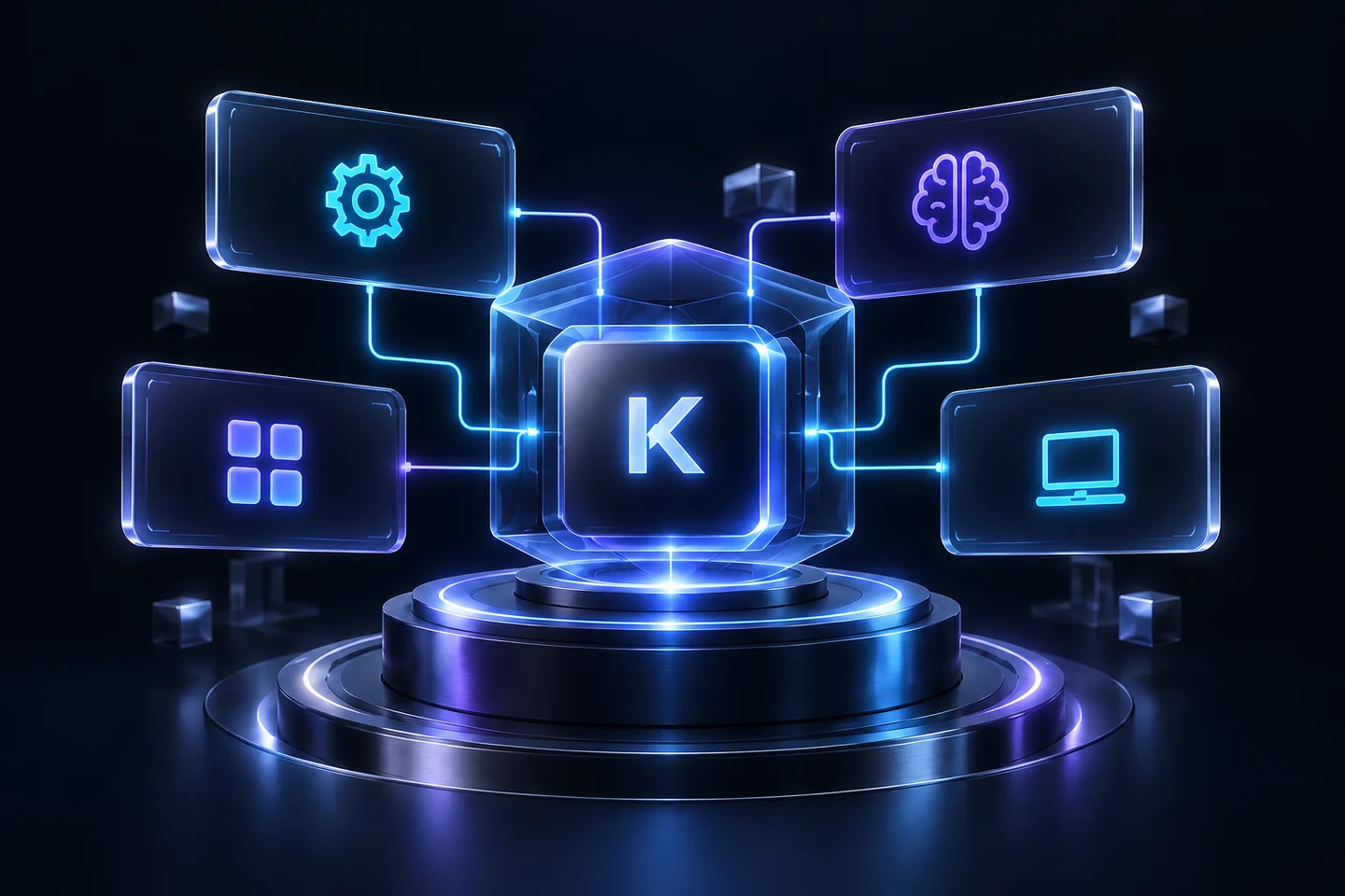 A connected business system with a central Kaino Ops core linking automations, AI, apps, and websites.